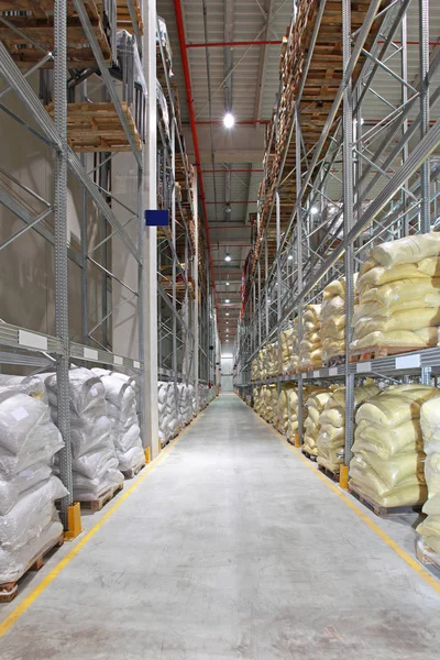 Food Distribution Warehouse Bulk Sacks Shelves — Stock Photo, Image