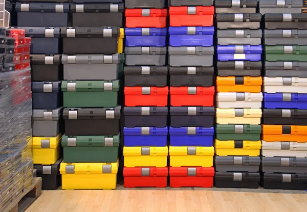 Big Stack Colorful Plastic Tools Boxes — Stock Photo, Image