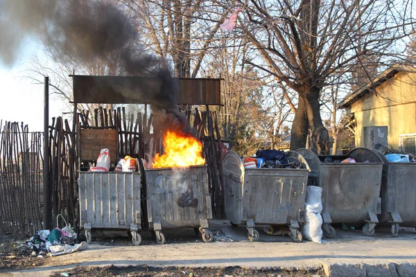 Dumpster Fire Heavy Smoke Pollution Garbage — Stock Photo, Image