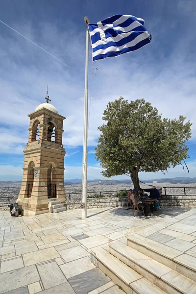 Athens Greece May 2015 Greek Flag Olive Tree Bell Tower — Stock Photo, Image