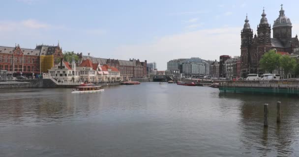 Amsterdam Nederland Mei 2018 Centraal Trein Station Gebouw Kerk Van — Stockvideo