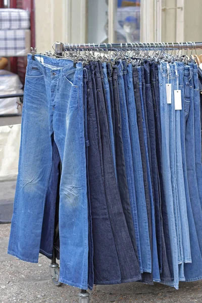 Blue Jeans Denim Pants Rail — Stock Photo, Image