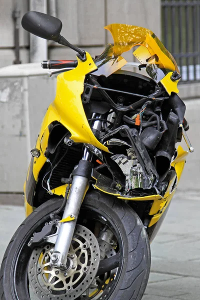 Frente Esmagada Motocicleta Acidente Trânsito — Fotografia de Stock