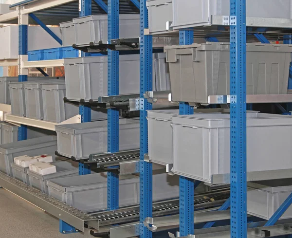Plastic Crates Boxes Storage Room Shelf — Stock Photo, Image