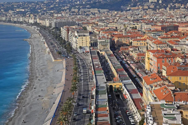 Nice Francja Stycznia 2012 Promenady Plaży Waterfront Cityscape Widok Wzgórza — Zdjęcie stockowe