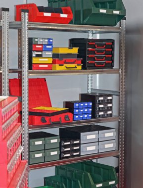 Bins Trays and Boxes For Parts and Tools Storage in Shelf clipart