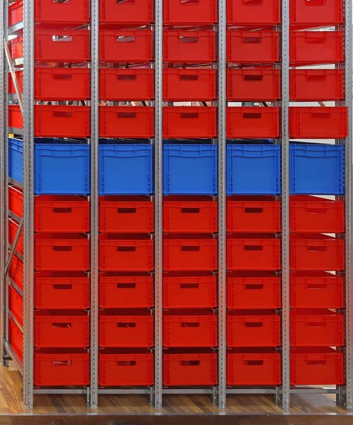 Big Storage Shelf Red Plastic Crates Warehouse — Stock Photo, Image