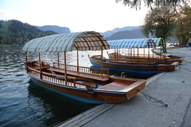 Tourist adlı Lake Bled Slovenya için ahşap tekneler