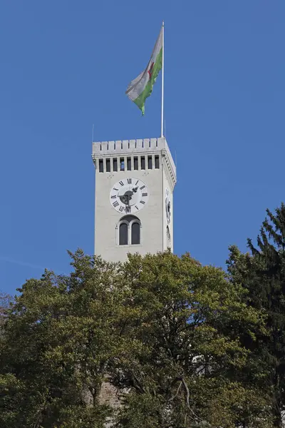 Torre Del Reloj Con Bandera Castillo Liubliana Eslovenia —  Fotos de Stock