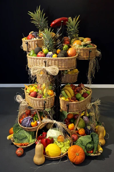 Fresh Fruits Vegetables Decorative Baskets Tower — Stock Photo, Image