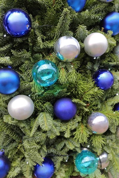 Christmas Tree Blue Glass Baubles Ornaments — Stock Photo, Image