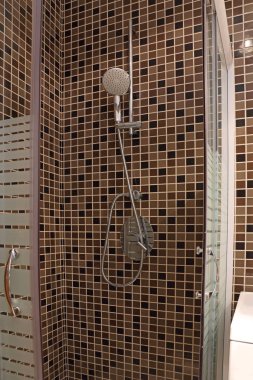 Modern duş kahverengi mozaik çini ve cam kabin kapısı