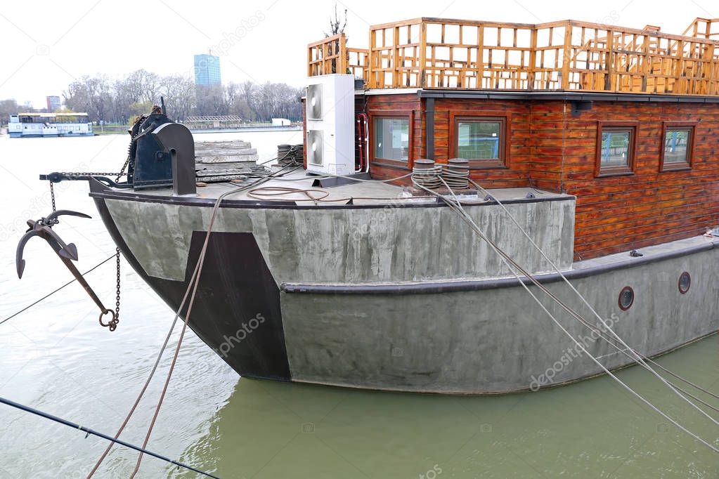 Big Ship Made From Concrete Floating at River