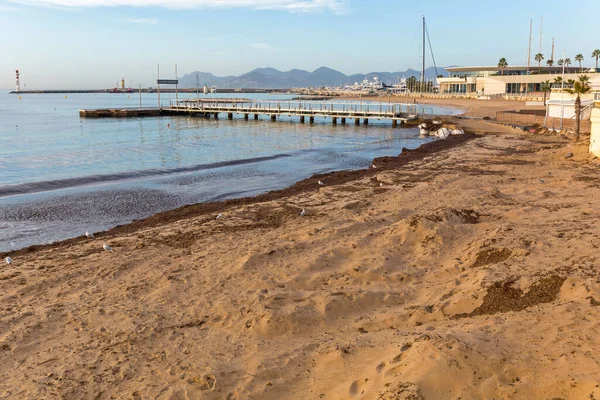 Praia Areia Majestosa Vazia Cannes França Inverno — Fotografia de Stock