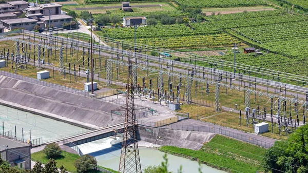 Electric Power Energy Transformer Station Canal Water — Stock Photo, Image