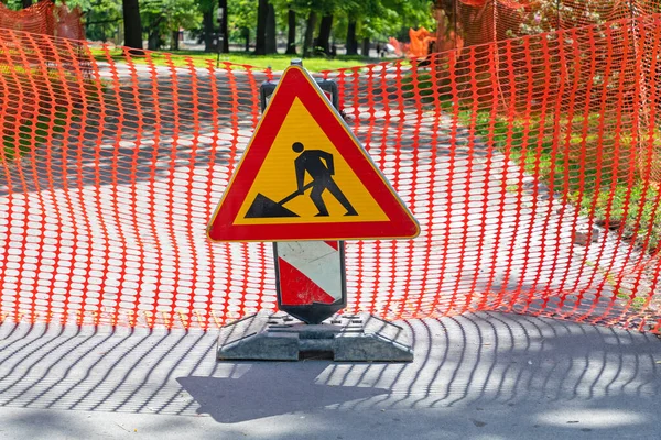 Road Works Sign Barrier Construction Site — Stock Photo, Image