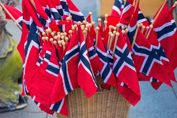 Many Norwegian Flags Basket Sale — Stock Photo, Image