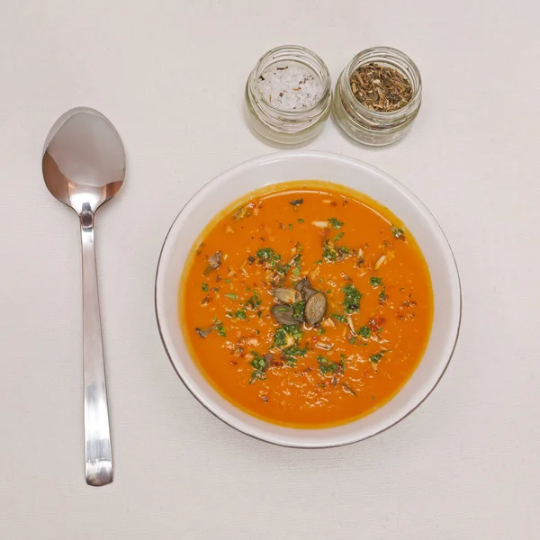 Soupe Citrouille Dans Bol Servi Table — Photo