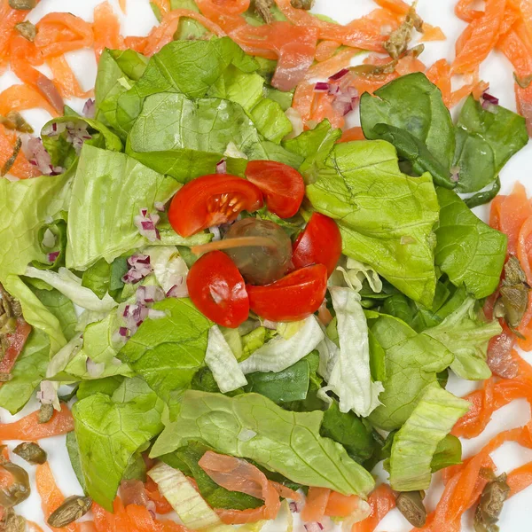 トマトとサーモンの上からの新鮮なサラダ — ストック写真