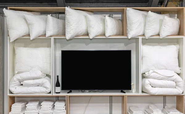 Many Pillows Blankets Shelf — Stock Photo, Image