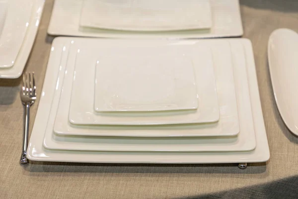 Square Shape Plates Dining Table Setup — Stock Photo, Image