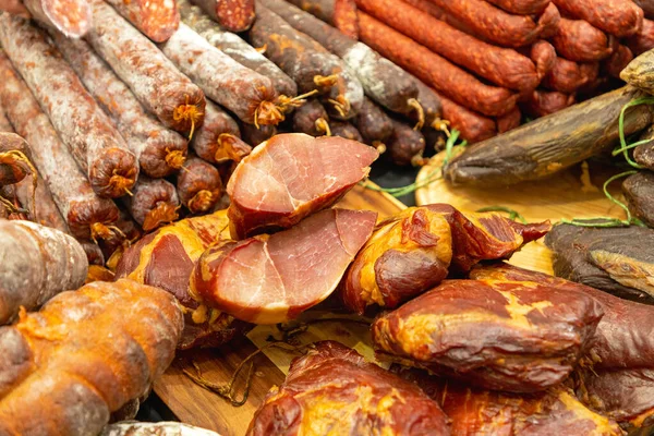 Ham Sausages Delicatessen Pork Meat Selection — Stock Photo, Image