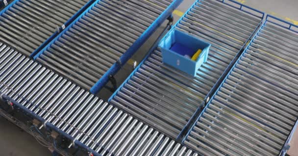 Plastic Boxes Conveyor System Warehouse Top View — Stock Video