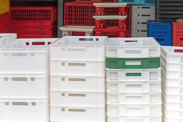 Stacked White Plastic Crates Farm — Stock Photo, Image