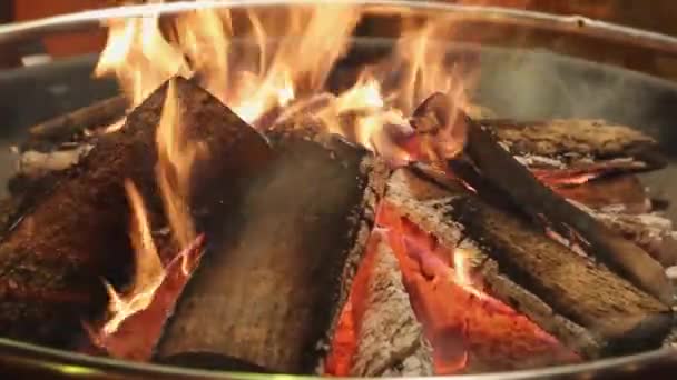 Fuego Campamento Con Troncos Zoom Del Foso Fuego — Vídeos de Stock
