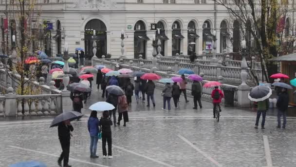 Lublaň Slovinsko Listopadu 2019 Mnoho Turistů Barevnými Deštníky Deštivém Dni — Stock video