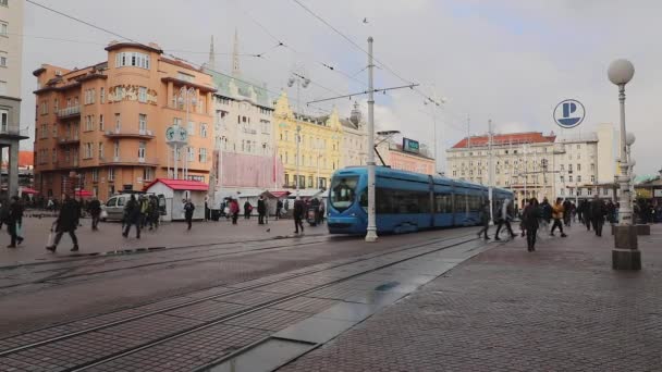 Zagreb Kroatië November 2019 Ban Josip Jelacic Stadsplein Openbaar Vervoer — Stockvideo