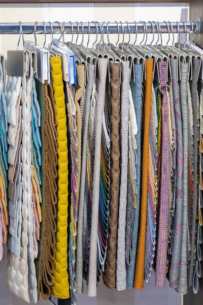 Various Material Samples Hanging Upholstery Industry — Stock Photo, Image