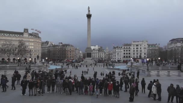 英国伦敦 2013年1月27日 游客在英国伦敦特拉法加广场寒冷冬夜拍照 — 图库视频影像