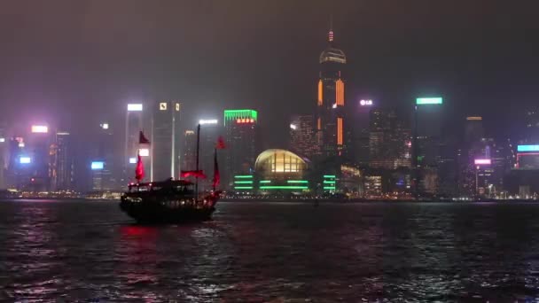 2017 Famous Red Junk Ship Sailing Victoria Harbour Night Fast — 비디오
