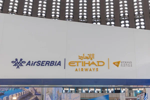 Belgrade Serbia February 2020 Air Serbia Etihad Airways Signs Tourism — 스톡 사진