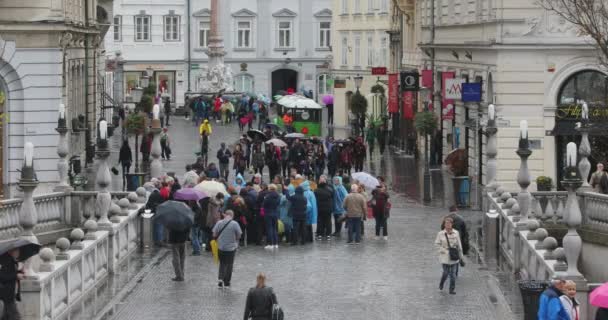 Ljubljana Slovenia November 2019 Kelompok Besar Turis Pada Hari Hujan — Stok Video