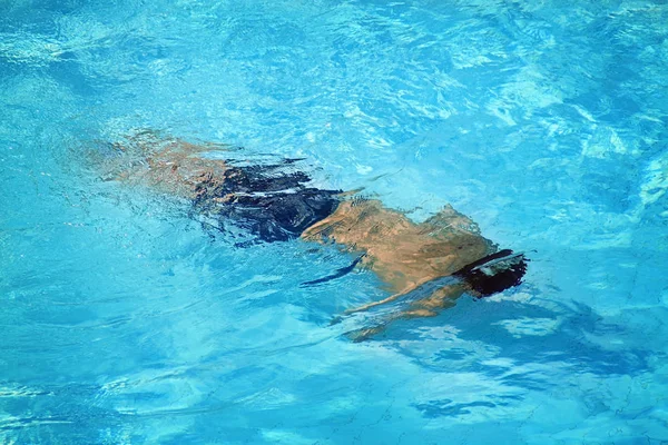 A man swimming underwater in a pool.