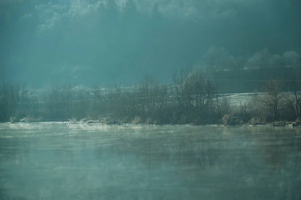 Холодная Утренняя Сцена Озера Зимой Туманом Окружении Леса Словения — стоковое фото