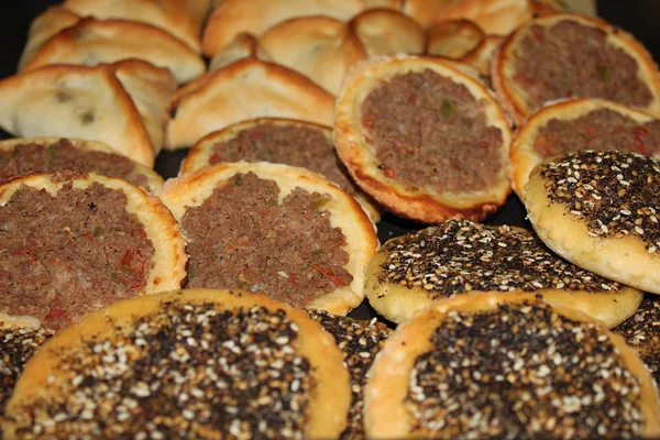 Választék Libanoni Sült Étel Torták Man Oushe Zeleni Tamás Spenót Stock Kép