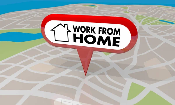 Work Home Kaart Pin Telecommute Woorden Render Illustratie — Stockfoto