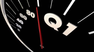 Q1 ilk üç aylık bütçe hız göstergesi 3d Render illüstrasyon