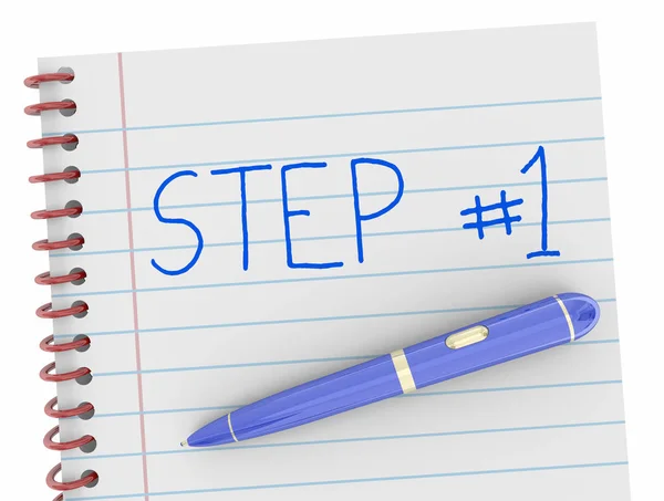 Stap Eerste Begin Actie Notebook Pen Woorden Render Illustratie — Stockfoto