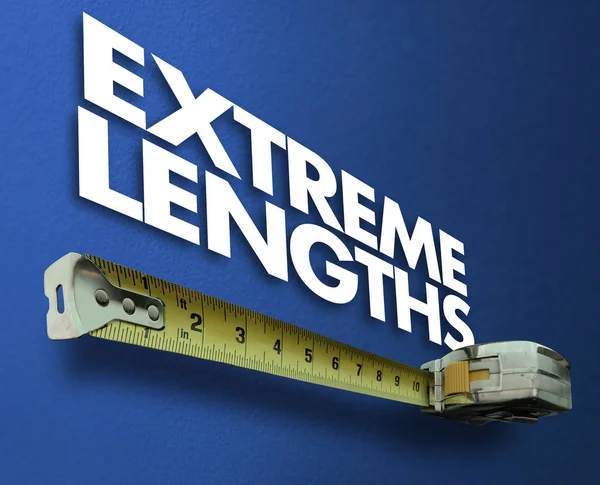 Woorden Extreme Lengtes Meetlint Blauwe Achtergrond — Stockfoto