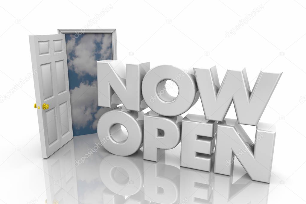 Now Open Door with cloudy sky on white background