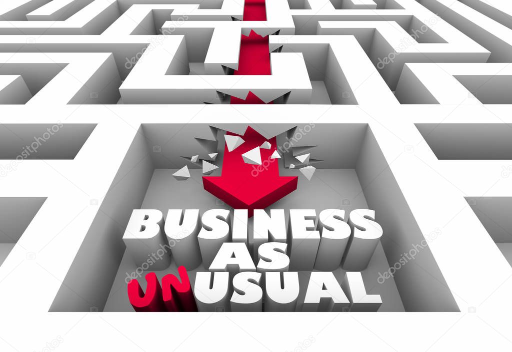 Business as Unusual Arrow Maze Change Disrupt Word 3d Illustration