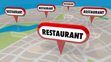 Konumları harita yemek Restoran pimleri 3d Render illüstrasyon