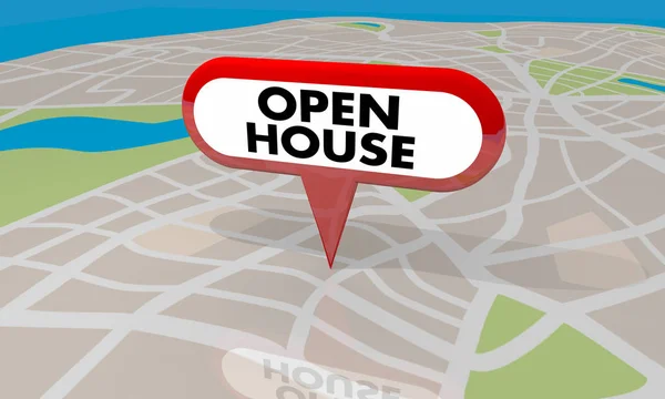 Open House Pin Mapa Domů Prodej Vykreslení Obrázku — Stock fotografie