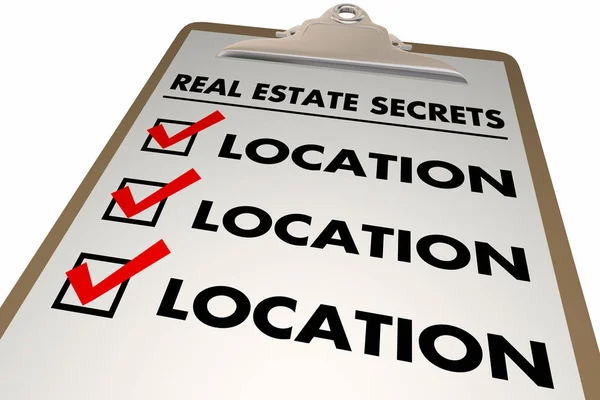 Immobilien Geheimnisse Lage Beste Haus Immobilien Bereich Checkliste Zwischenablage Illustration — Stockfoto