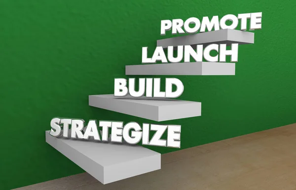 Strategize Build Launch Promover Novas Etapas Produto Etapas Ilustração — Fotografia de Stock