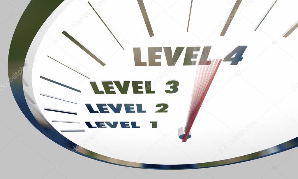 Levels Rising 1 to 4 Reaching Next Higher Speedometer 3d Illustration